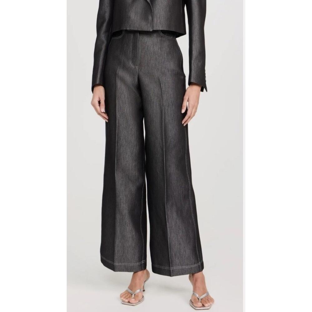RANGEL SARI Metallic Denim Wide Leg High Waist Black Silver Statement Size 26
